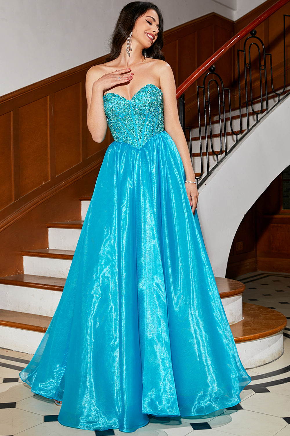 Zapakasa Women Blue Corset Prom Dress with Beading A-Line Evening
