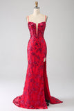 Mermaid Dark Red Sequins Prom Dress with Slit