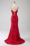 Mermaid Dark Red Sequins Prom Dress with Slit