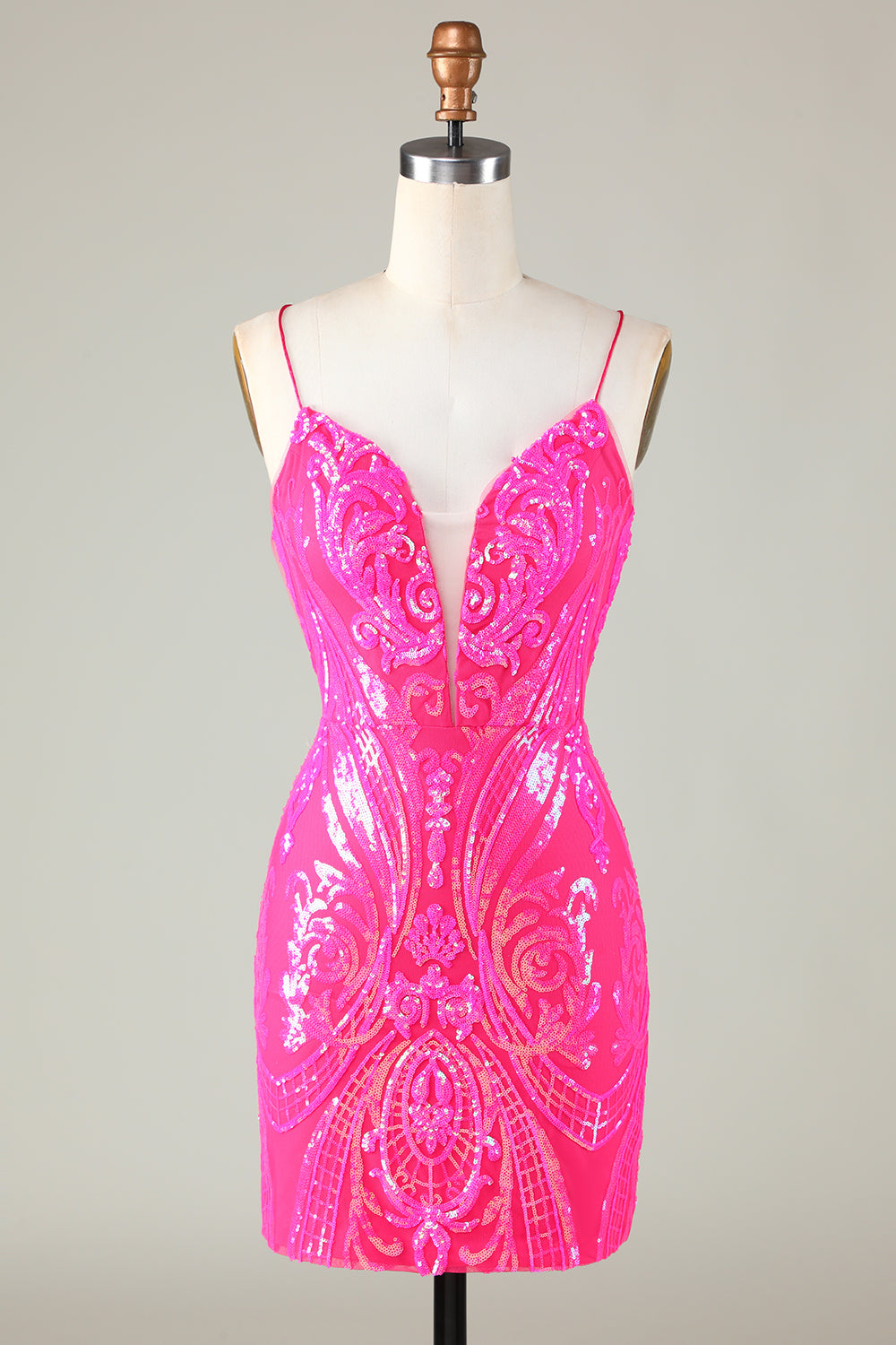Zapakasa Women Hot Pink Short Homecoming Dress Stylish Tight Spaghetti Straps Cocktail Dress with Criss Cross Back