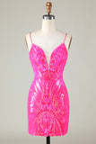 Spaghetti Straps Hot Pink Tight Short Homecoming Dress with Criss Cross Back