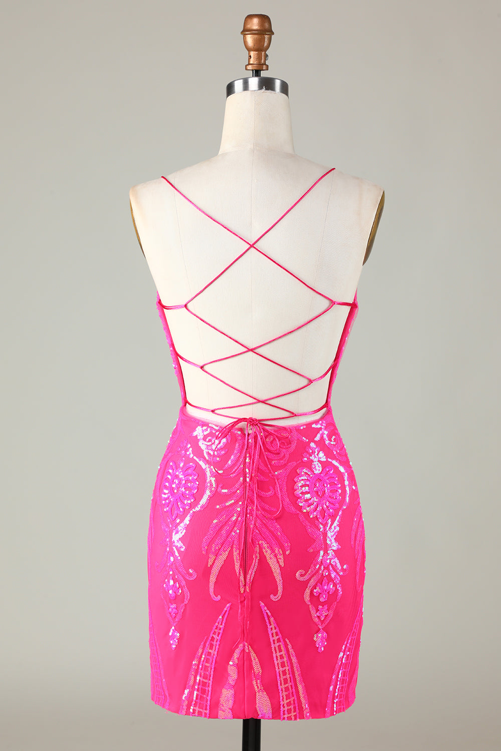 Spaghetti Straps Hot Pink Tight Short Homecoming Dress with Criss Cross Back