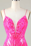 Spaghetti Straps Hot Pink Tight Short Homecoming Dress with Criss Cross Back