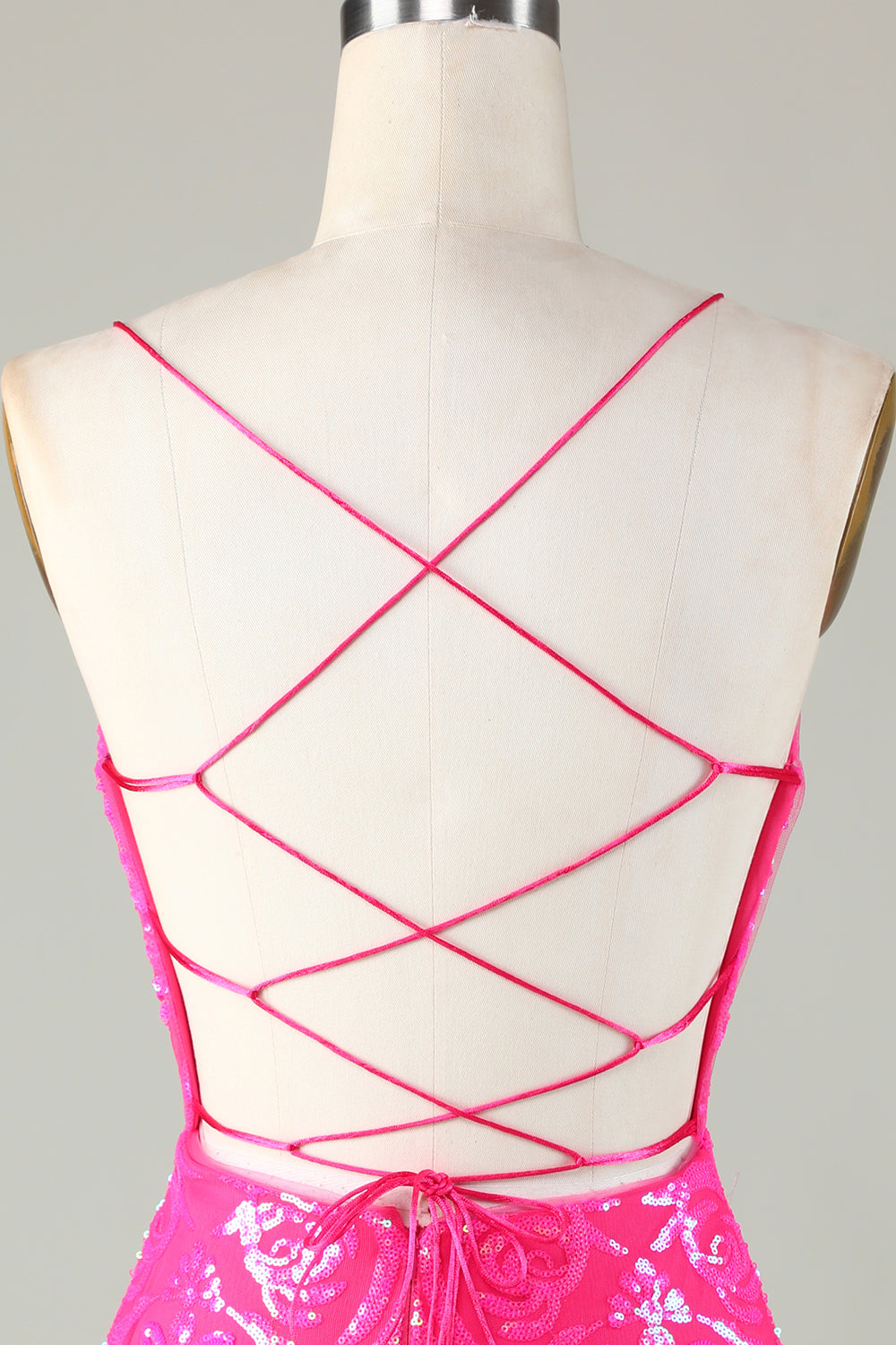 Spaghetti Straps Hot Pink Tight Short Homecoming Dress with Criss Cross Back