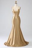 Golden Mermaid Spaghetti Straps Satin Long Prom Dress with Lace-up Back