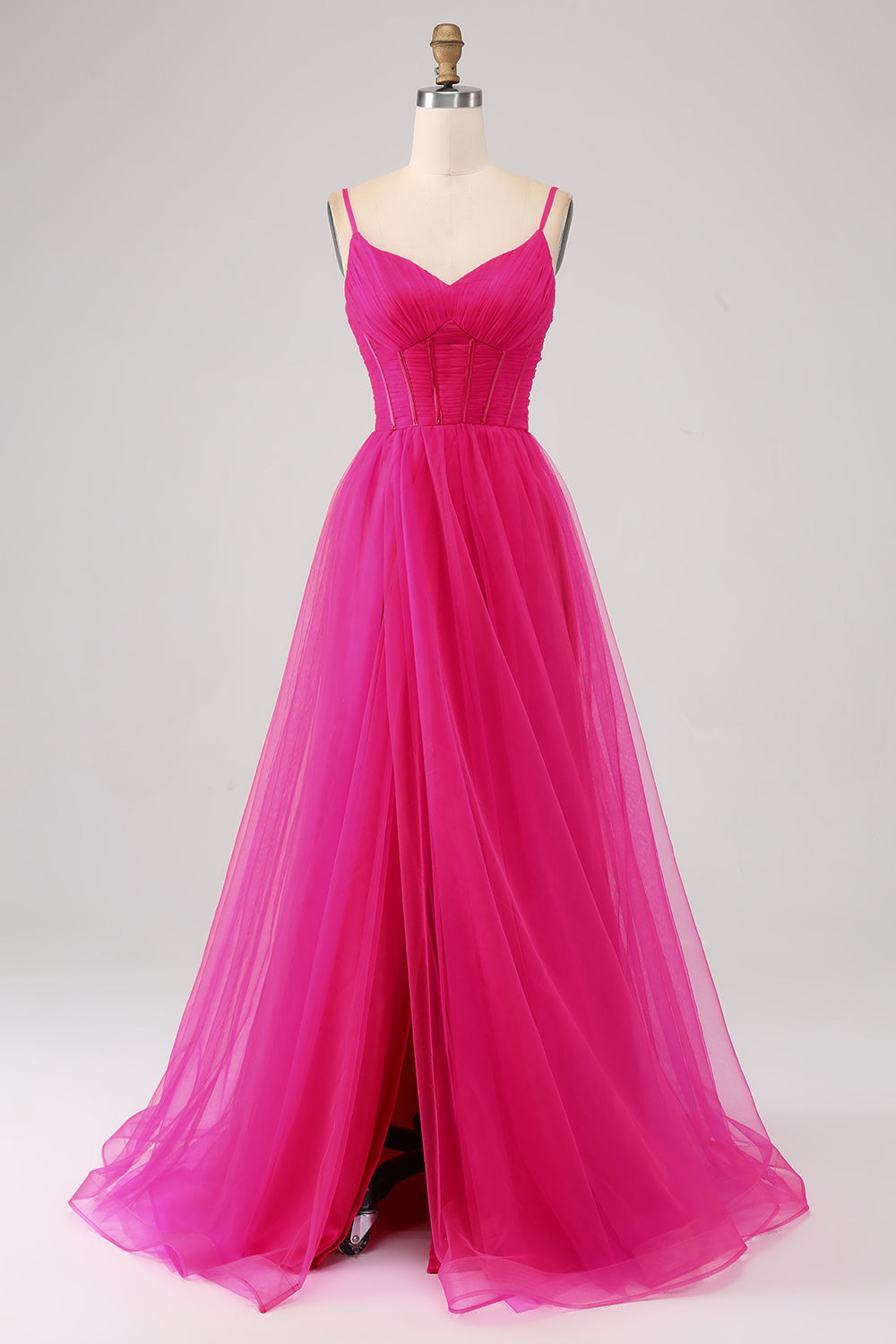 Fuchsia A-Line Spaghetti Straps Long Corset Prom Dress with Slit