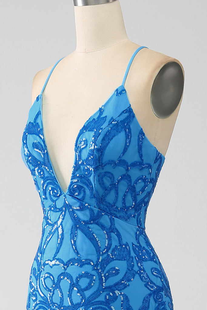 Dusty Blue Prom Dress Sparkly Trumpet/Mermaid Spaghetti Straps Lace Sequins Long Prom Dress main image 1