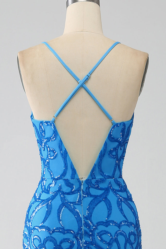 Sparkly Blue Mermaid Spaghetti Straps Long Prom Dress with Sequins main image 0