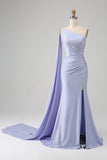 Mermaid Lilac One Shoulder Long Prom Dress with Slit