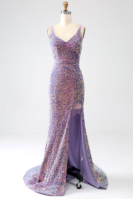 Sparkly Mermaid Light Purple Sequins Prom Dress with Slit