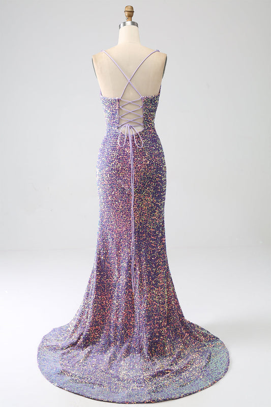 Sparkly Mermaid Light Purple Sequins Prom Dress with Slit