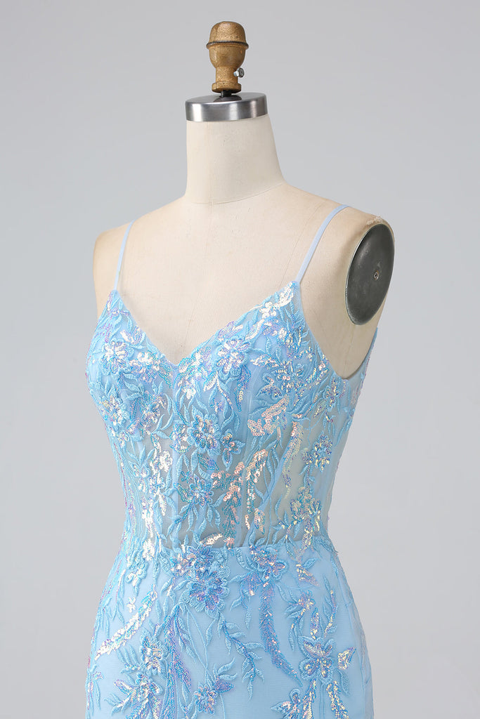 Sparkly Blue Mermaid Spaghetti Straps V-neck Cheap Long Prom Dresses,12695