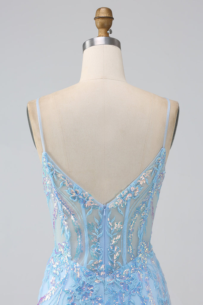 Chic Sparkle Light Blue Maxi Mermaid Spaghetti Strap Prom Dress DP7529