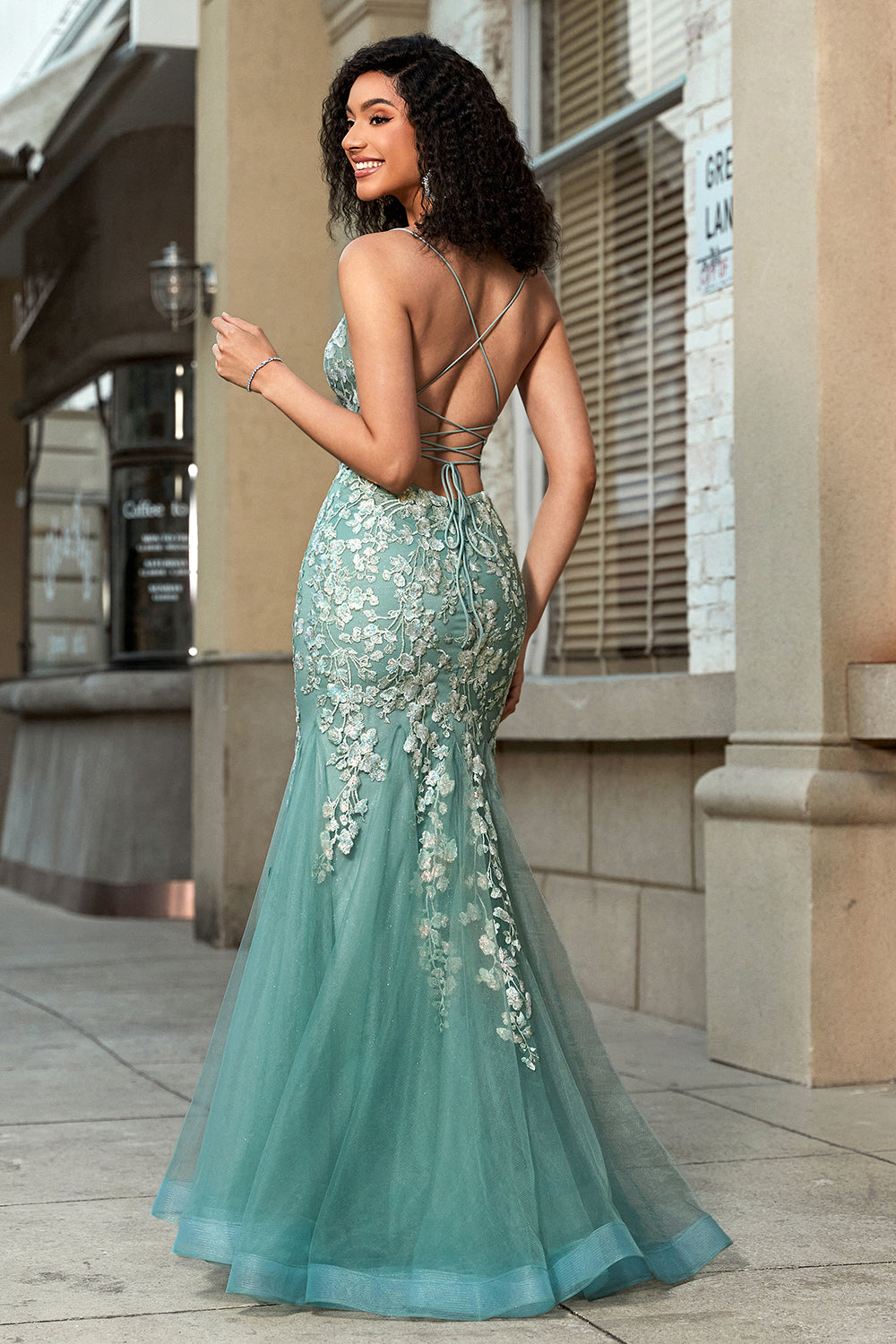 Stunning Mermaid Spaghetti Straps Light Green Corset Prom Dress with Appliques