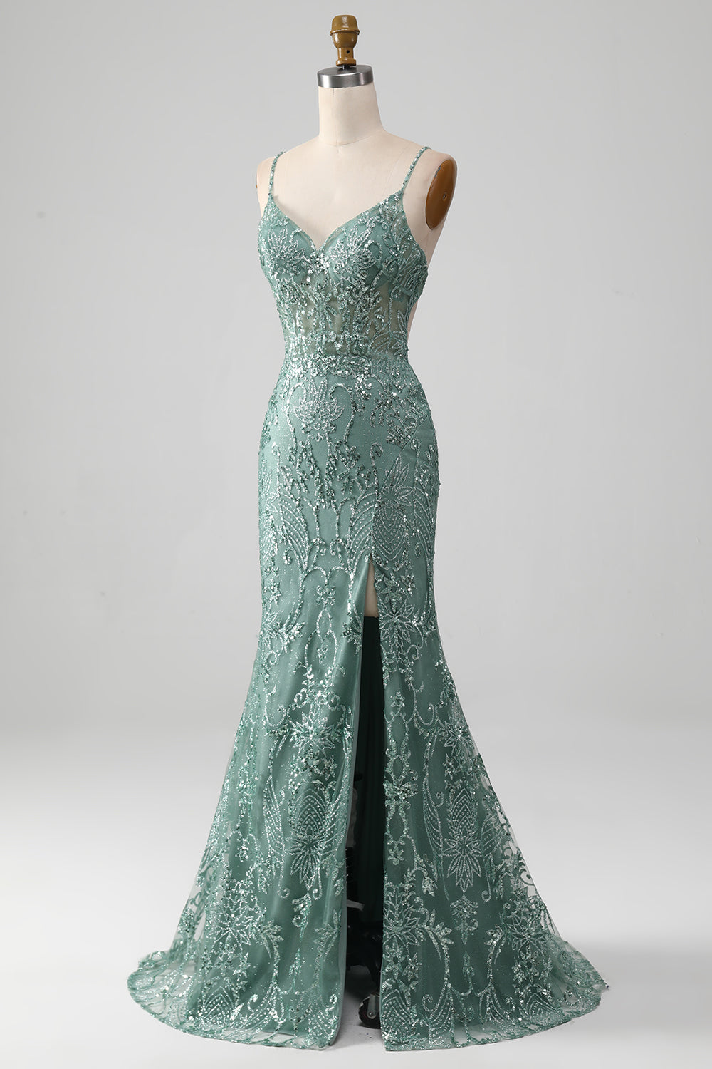 Zapakasa Women Sparkly Grey Green Prom Dress with Beading Mermaid Spaghetti Staps Party Dress with Slit Zapakasa Women Sparkly Grey Green Prom Dress with Beading Mermaid Spaghetti Staps Party Dress with Slit