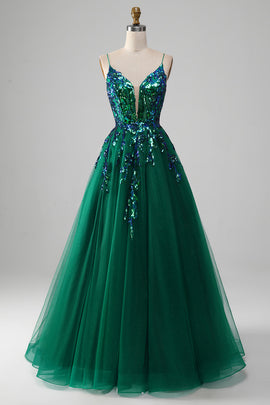 Tulle Spaghetti Straps Dark Green Prom Dress with Sequins