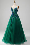 Tulle Spaghetti Straps Dark Green Prom Dress with Sequins