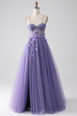 Purple A-Line Spaghetti Straps Corset Prom Dress with 3D Flowers