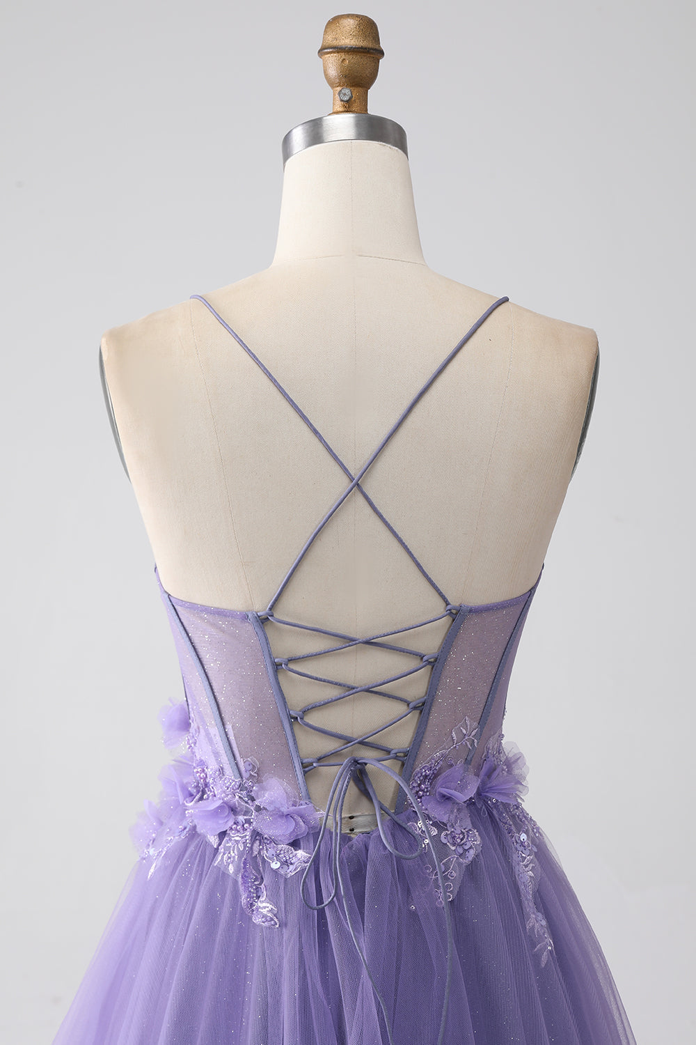 Purple A-Line Spaghetti Straps Corset Prom Dress with 3D Flowers