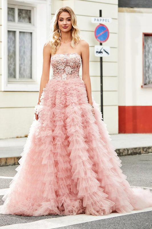 A-Line Strapless Beaded Blush Tiered Long Prom Dress