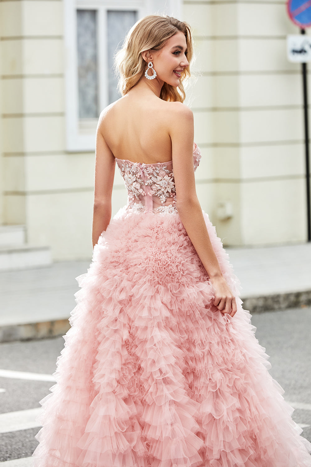 Zapakasa Women Blush A-Line Strapless Beaded Tiered Long Prom Dress