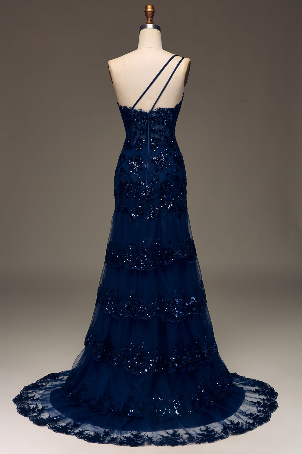 Zapakasa Women Sparkly Dark Navy Tiered Lace Long Prom Dress with Slit One Shoulder A-Line Formal Dress Zapakasa Women Sparkly Dark Navy Tiered Lace Long Prom Dress with Slit One Shoulder A-Line Formal Dress