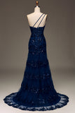 Sparkly Dark Navy Tiered Lace One Shoulder Long Prom Dress with Slit