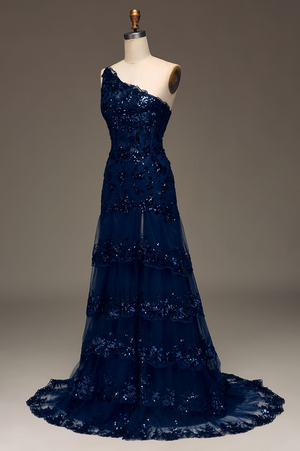 Zapakasa Women Sparkly Dark Navy Tiered Lace Long Prom Dress with Slit One Shoulder A-Line Formal Dress Zapakasa Women Sparkly Dark Navy Tiered Lace Long Prom Dress with Slit One Shoulder A-Line Formal Dress
