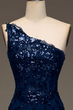 Sparkly Dark Navy Tiered Lace One Shoulder Long Prom Dress with Slit