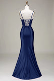 Stylish Mermaid Spaghetti Straps Purple Corset Prom Dress with Split Front