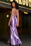 Stylish Mermaid Spaghetti Straps Purple Corset Prom Dress with Split Front