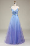 Spakly Blue Tulle Prom Dress with Appliques