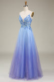 Spakly Blue Tulle Prom Dress with Appliques