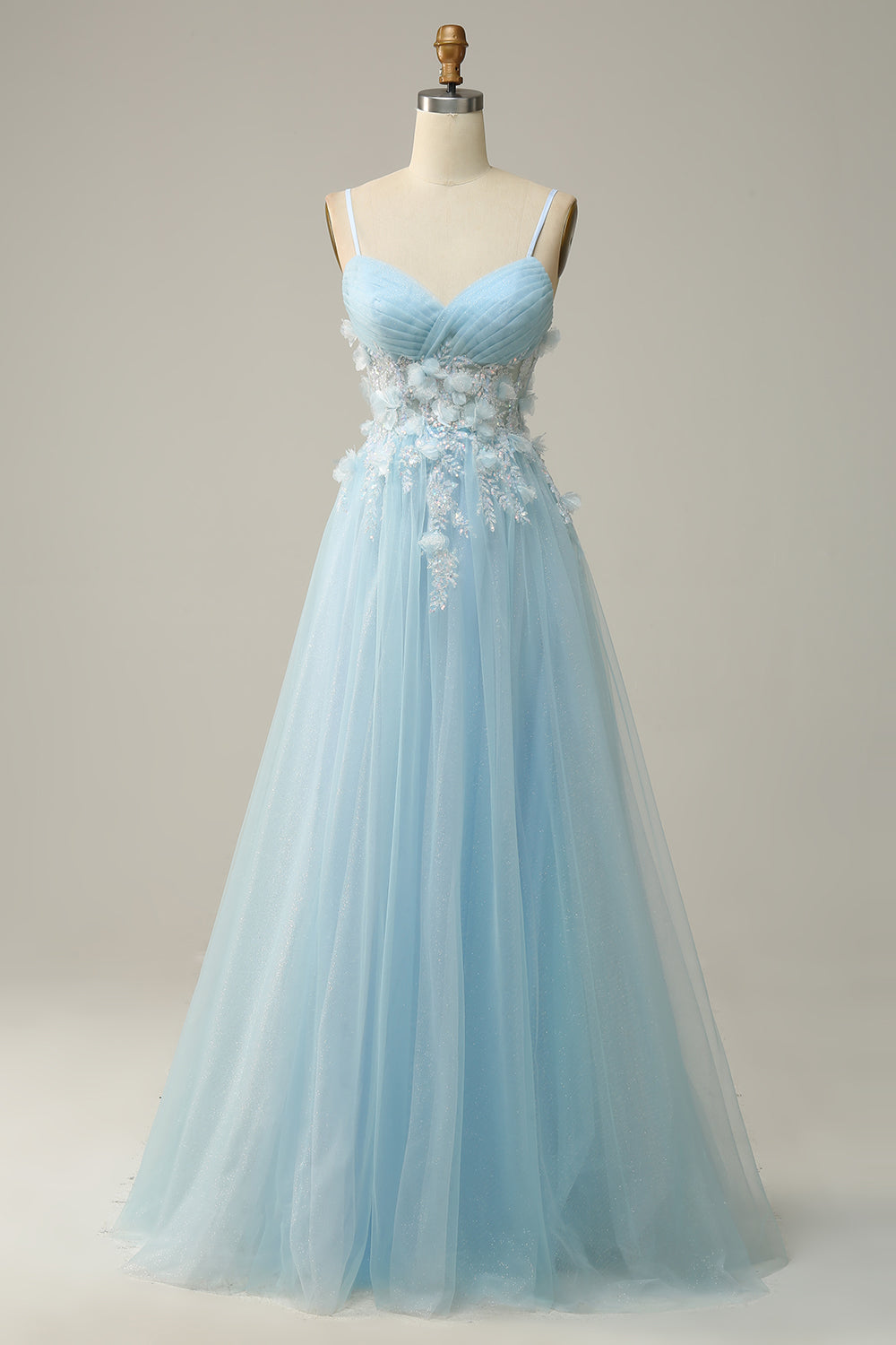 Sky Blue Spaghetti Straps A Line Tulle Long Prom Dress