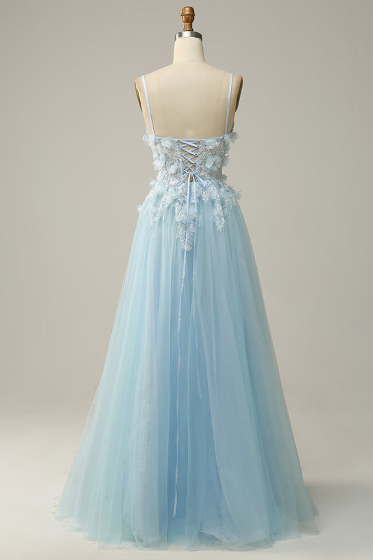 Sky Blue Spaghetti Straps A Line Tulle Long Prom Dress