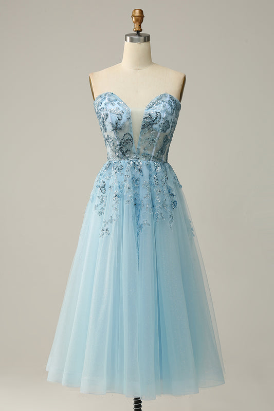 Sky Blue Sweetheart Slit Corset Tulle Prom Dress