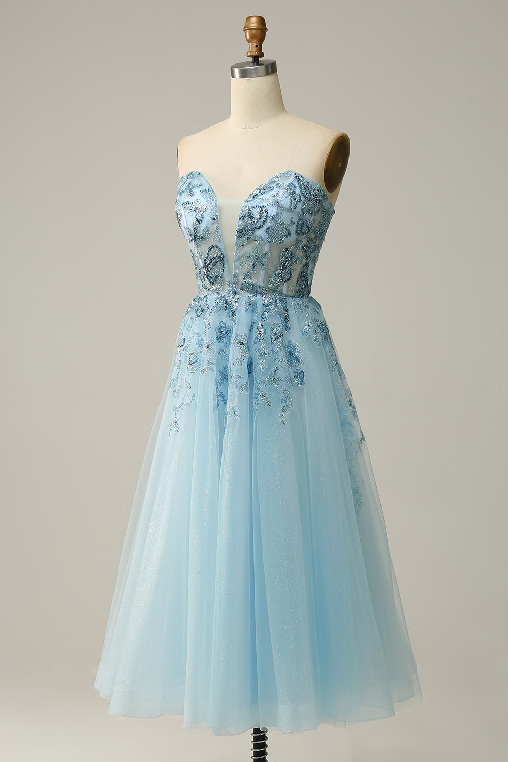 Sky Blue Sweetheart Slit Corset Tulle Prom Dress