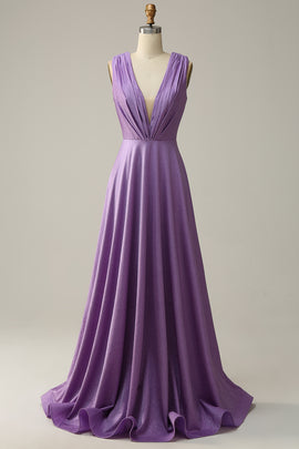 Purple Deep V neck Ruched Prom Dress