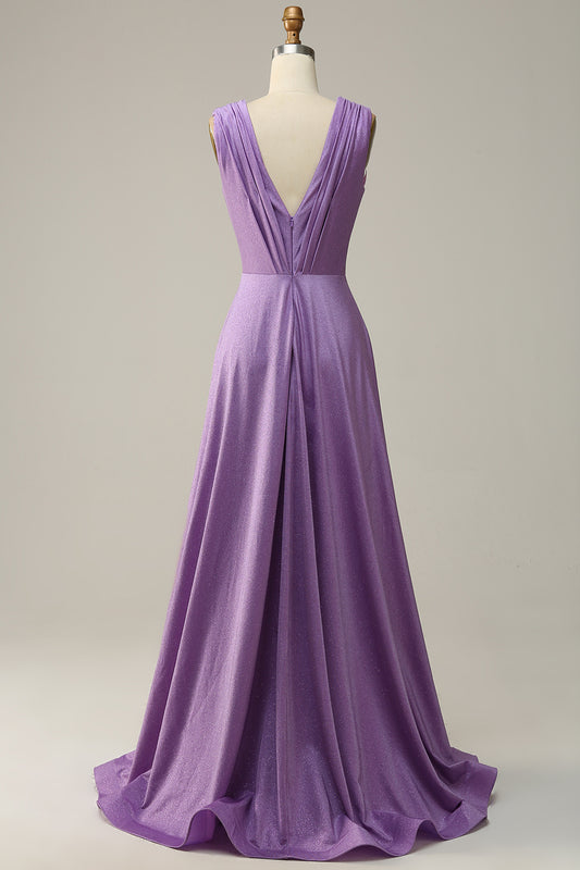 Purple Deep V neck Ruched Prom Dress