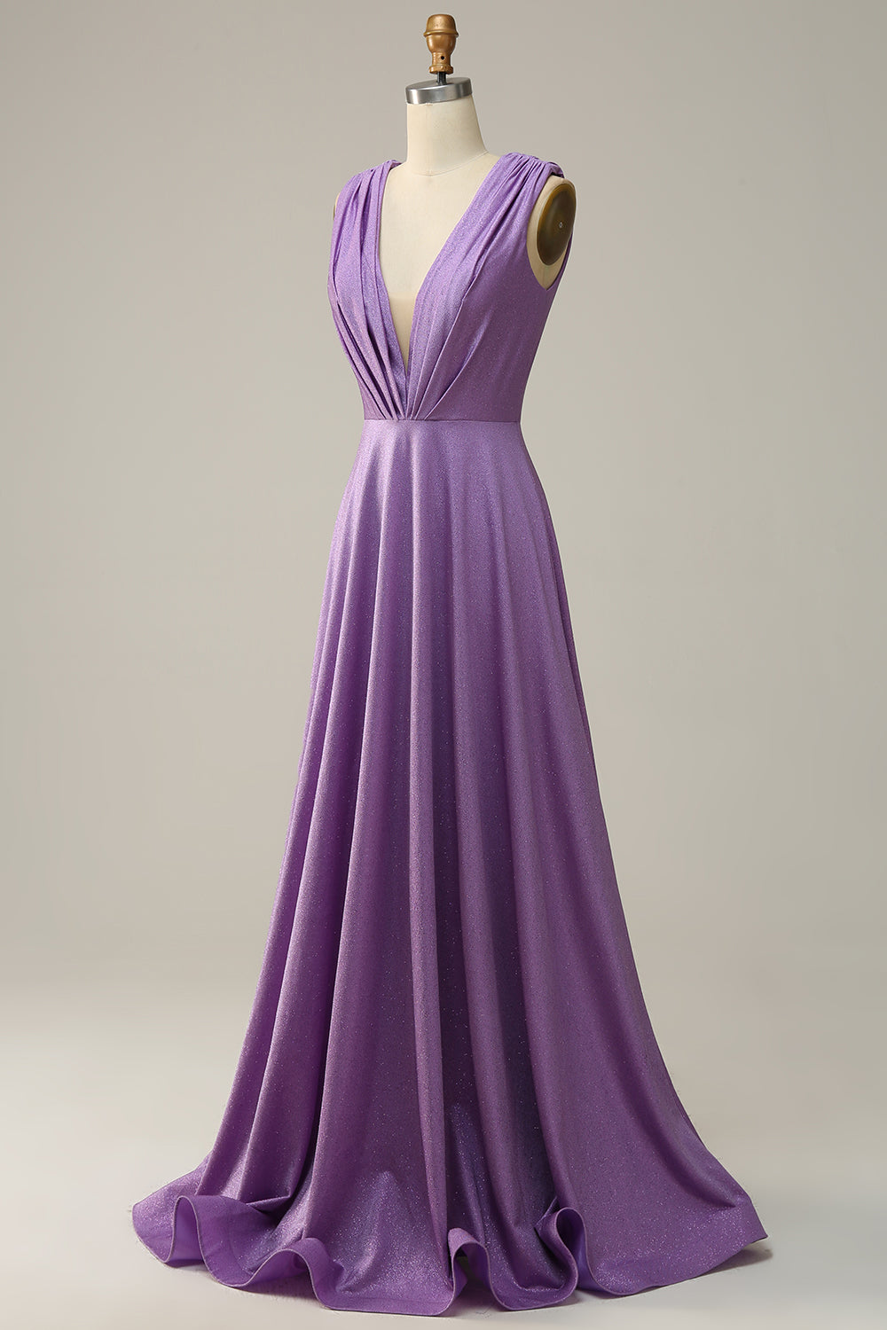 Purple Deep V neck Ruched Prom Dress