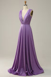 Purple Deep V neck Ruched Prom Dress