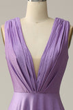 Purple Deep V neck Ruched Prom Dress