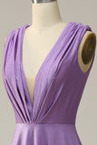 Purple Deep V neck Ruched Prom Dress