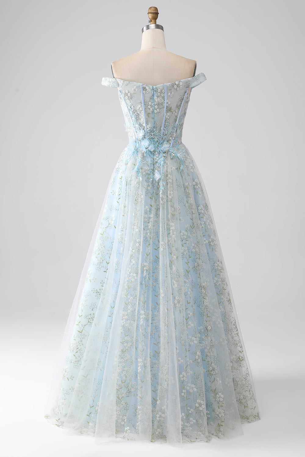 Light Blue A-Line Off the Shoulder Long Corset Prom Dress