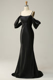Black Cold Shoulder Mermaid Satin Prom Dress