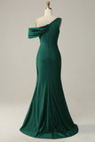Dark Green One Shoulder Mermaid Satin Prom Dress with Slit