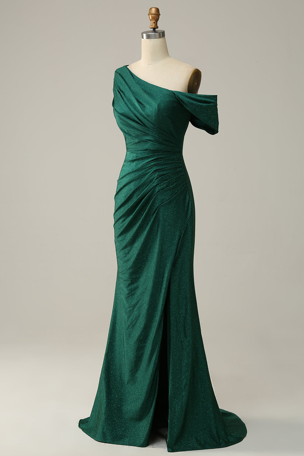 Dark Green One Shoulder Mermaid Satin Prom Dress with Slit
