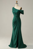 Dark Green One Shoulder Mermaid Satin Prom Dress with Slit