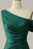 Dark Green One Shoulder Mermaid Satin Prom Dress with Slit