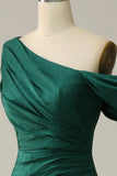 Dark Green One Shoulder Mermaid Satin Prom Dress with Slit